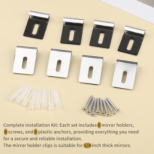 Image of 8 Pcs Metal Mirror Holders, Mirror Clips with Screws, Rubber Pads Mirror Hooks, Heavy Duty Stainless Steel Mirror Hangers Hardware for Frameless Mounting Wall Tile Billboard Display (Silver)