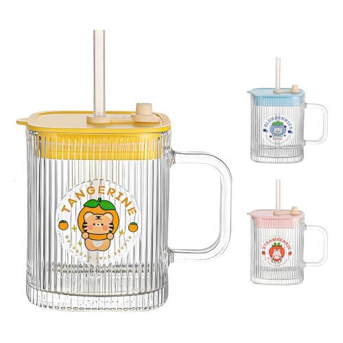Image of Iridescent Glass Tumbler with Handle Lid and Straw - 420ML, Set of 1, Travel Coffee Sipper Mug Leakproof for Juice Cocktail Iced Tea Smoothie Hot Cold Drink Cup (Receiving Random Color)