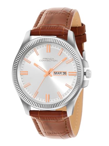 Image of French Connection Sunray Silver Round Dial with Brown Leather Strap Watch for Mens - FCN0121BRL