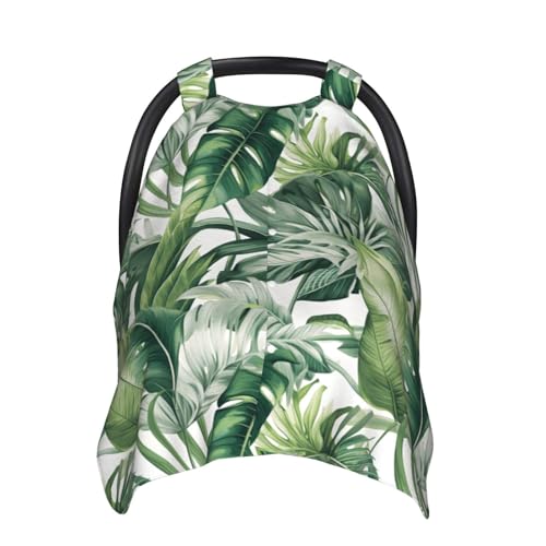 Tropical Summer Leaf Plant Baby Car Seat Canopy Soft Breathable Infant Carseat Cover Summer Lightweight Baby Carrier Cover for Babies Boys Girls Newborn Multi Use Cover for Car Seat Nursing Scarf