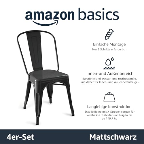 Amazon Basics Esszimmerstühle aus Metall, mit Rückenlehne, stapelbar, Bistro, Küche, Innen- & Außenbereich, 4er-Set, Schwarz, 51 x 43 x 85 cm