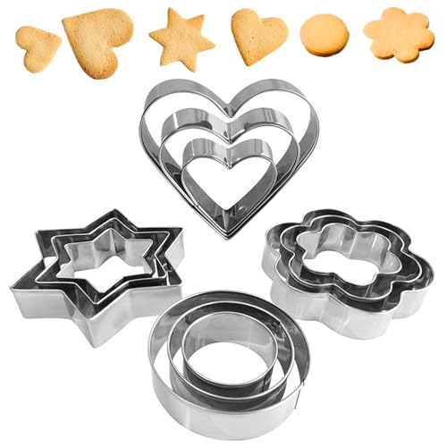 Ausstechformen, 12 Stück Backset Keksformen Edelstahl Cookie Cutter Rund Herz Stern Blüten Plätzchenausstecher PläTzchenformen für Plätzchen Keks Gebäck Fondant Plätzchen Weihnachten DIY Backform