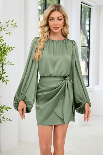 Women's Short Formal Satin Dress Elegant Long Lantern Sleeve Pleated Crew Neck Tie Waist Cocktail Party Mini Dresses4