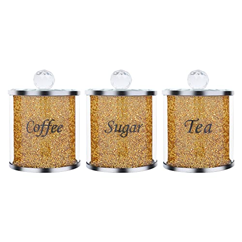 sugarchef Sugar Flour Tea Coffee Storage Container 3pcs Crystal Lid Cookie Candy Kitchen Canisters Glass Spice Jars Crushed Diamond Home Decor,Gold (36oz)
