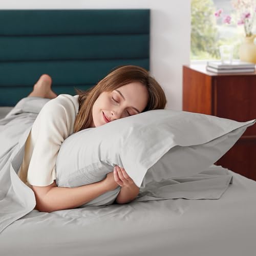 Bedsure 100% Cotton Percale Sheets Full Size, Full Size Bed Sheets with Deep Pocket Up to 16 Inches, Breathable & Crirsp Soft, Bedsheet & Pillowcase Sets, 4 Pieces, Grey