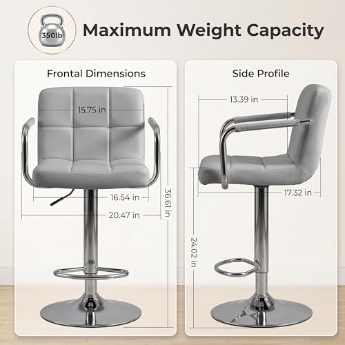 Image of HealSmart Bar Stools Set of 2, Adjustable Swivel Bar Chairs with Cushioned Armrests & Ergonomic Backrest, Water-Resistant PU Leather for Kitchen Island Counter Pub Dining Room, Grey