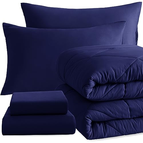 NTBAY Twin Comforter Set with Sheets, 5 Pieces Soft and Breathable Bedding Set, Bed in a Bag, Down Alternative Comforter Set Solid Color All Season, Kids Bedding Set, Navy Blue by NTBAY - Used condition - US$39.73