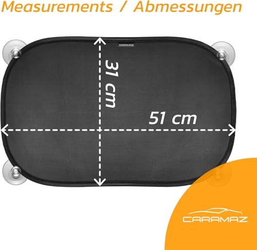 CARAMAZ Sonnenschutz Auto Baby mit UV Schutz, Reach Zertifiziert - Opti-Dark - GSM100+ inkl. Saugnapf - Verdunklung 51x31cm, 2 Stück