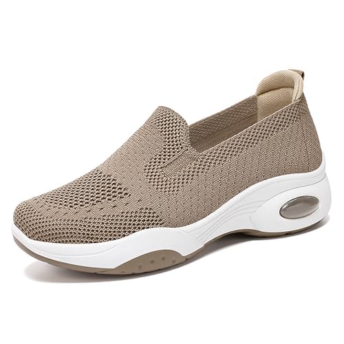 HDFDB Women's Mesh Slip-On Orthopedic Sneakers Lightweight Breathable with Arch Support Air Cushion Wedge Yaoyao Shoes for Diabetes Arthritis Nurse Walking Shoes (9,Coffee)