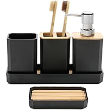 FEILANDUO Bathroom Accessories Set,5 Pcs Bathroom Accessory Gift Set, Soap Dispenser, Soap Dish, Toothbrush Holder, Toothbrush Cup, Vanity Tray, Boho, Modern Bathroom Decor Black
