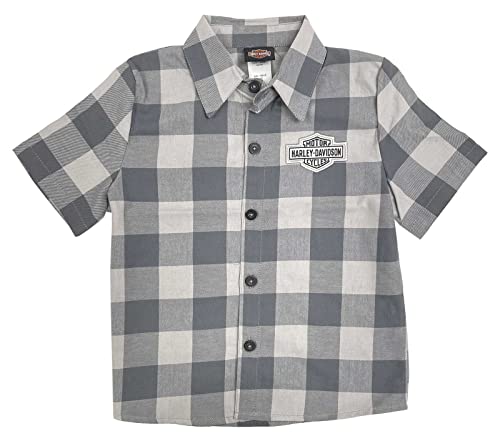 Harley-Davidson Little Boys' B&S Short Sleeve Plaid Flannel Toddler Shirt - Gray