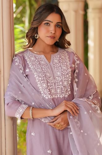 Janasya Indian Women's Silk Blend Lavender Embroidered Festive Wear Kurta Set for Women2