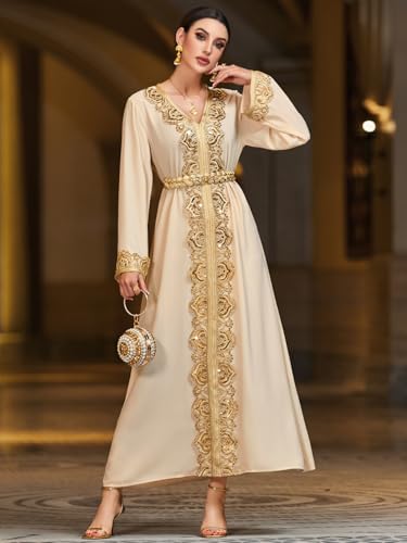 Lace Trim V-Neck Kaftan Dress, Long Sleeve Maxi Dress with Belt, Gold Embroidery Women's Evening Gown4