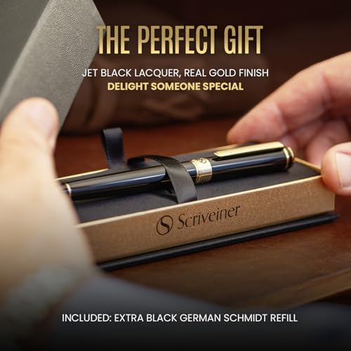 Scriveiner Black Lacquer Rollerball Pen - Stunning Luxury Pen, Real Gold Plating, Schmidt Ink Refill, Best Roller Ball Gift Set for Men & Women, Professional, Executive Office, Nice Pens - Image 4