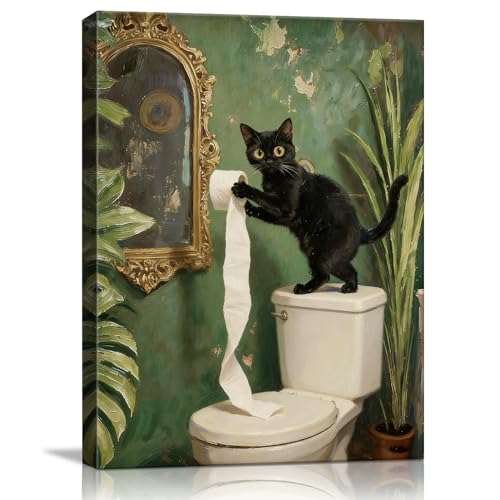 Funny Black Cat Framed Canvas Wall Art, Cute Cat Toilet Paper Canvas Prints, Unique Gifts and Animal Lover Picture Prints, Funny Bathroom Wall Art for Washroom, Ready to Hang 11x14