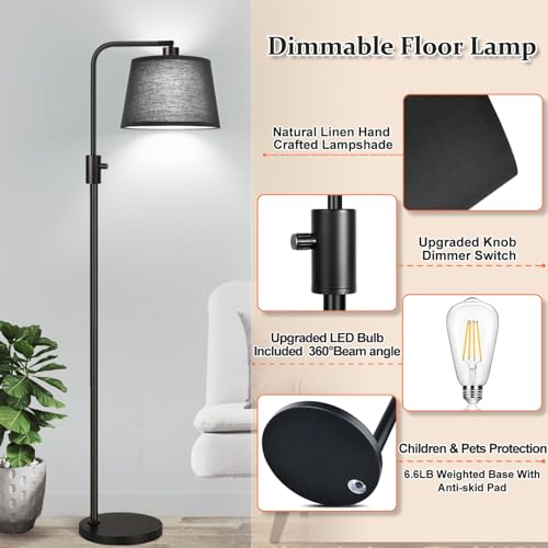 Image of Nintiue [Upgraded] Dimmable Floor Lamp, 1000 Lumens LED Edison Bulb Included, Black Shade, Modern Arc Standing Tall Floor Lamp for Living Room Bedroom Office Dining Room