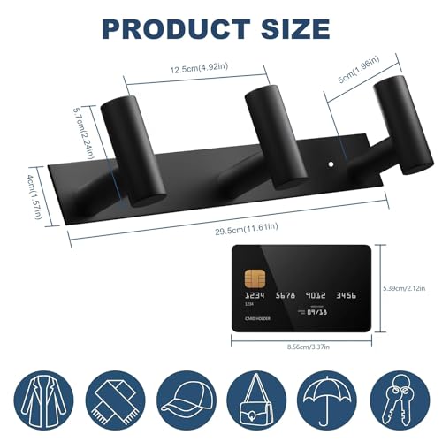 Image of VAEHOLD Black Hat and Coat Wall Mount Rack - 3 Hooks for Robes, Bags, Keys, and Towels - Bathroom Towel Hanger Organizer (2 Pack)
