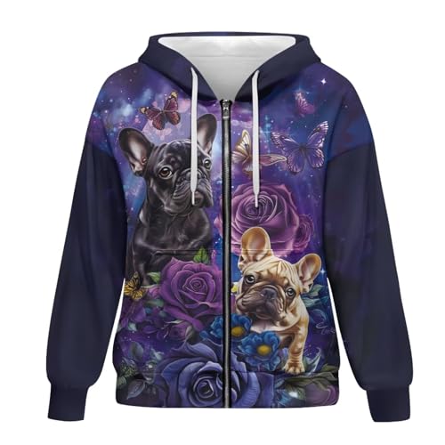 Showudesigns Jacken mit Reißverschluss für Damen, Übergröße, Hoodies und Sweatshirts, Herbstpullover, Frühlings-Tops, Französische Bulldogge, L