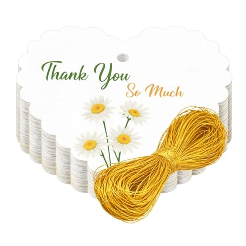 Image of CVANU Heart Shaped Thank You Tags 100-Pcs with Golden String, Floral Design Gift Tags for Wedding Favors| Birthday Party| Small Business Packaging (2.16x2.36 inch) D5