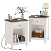 Choochoo farmhouse nightstand set of 2night stand with charging station wooden top bedside end table with drawer and storage space for bedroom white  urban country home decor