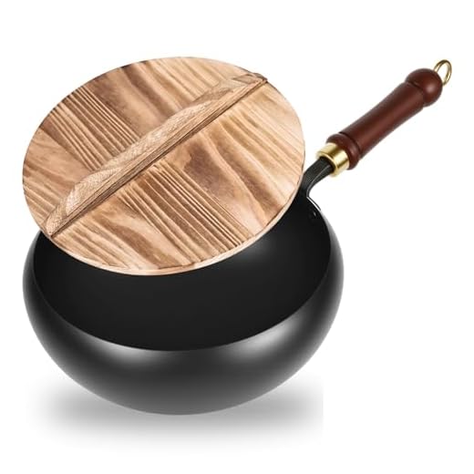 Grande padella in ferro forgiato a mano, da 24 cm, non rivestita, con coperchio in legno, per fornelli a gas e induzione