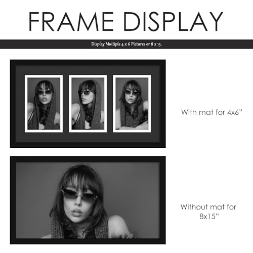 Image of DUENPY 8x15 Collage Picture Frame, 4x6 Collage Picture Frame, Displays Three 4x6 inch Photos, Wall Decor Wall Hanging or Tabletop, Black Mat.