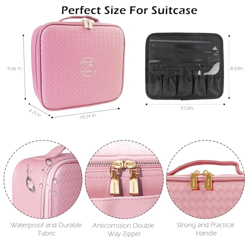 Image of MOMIRA Travel Makeup Bag Cosmetic Bag Makeup Organizer Bag with Lighted Mirror, Adjustable Brightness in 3 Color Scenarios, Waterproof Makeup Train Case, Gift for Women - Sapphire Pink(Woven)