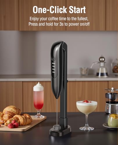 Image of Dynooper Electric Milk Frother Handheld: coffee frother rechargeable 3 in 1 - LED Display, Wireless Charging - 3 Speeds, Stainless Steel Whisk for Latte, Cappuccino - Bright Grey