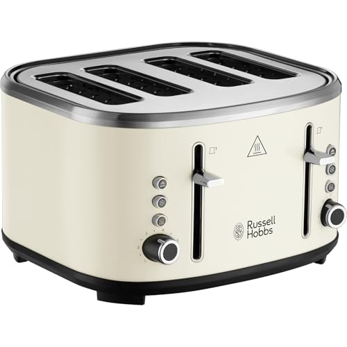 Russell Hobbs 4 Slice Toaster (Independent & Extra wide slots, 6 Browning levels, Frozen, cancel & reheat features with blue indicator light, removable crumb tray, Cream) Stylevia 26291
