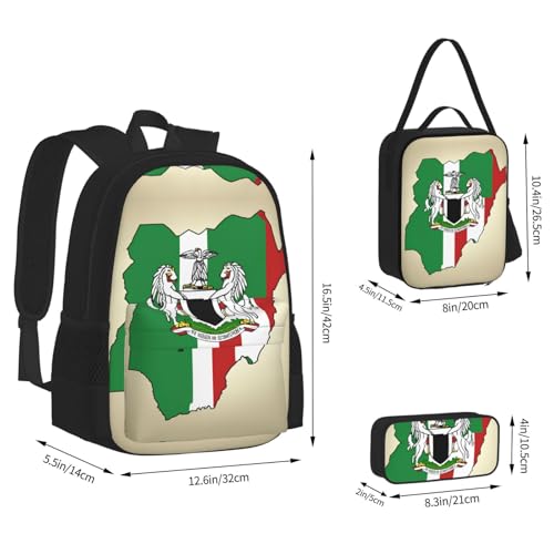 Nigeria Flag Map With Horse Pattern Print 3-Piece Set Backpack, Lunch Bag And Pencil Case, For Travel, College, And Daily Use4