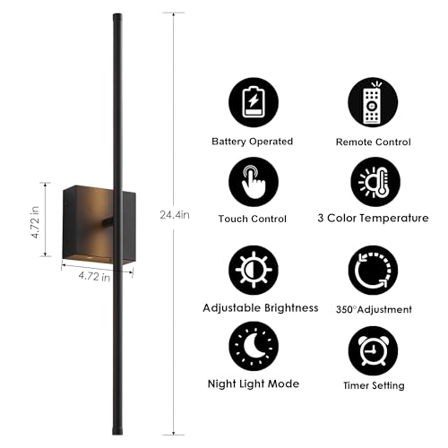KARTOOSH Removable Battery Operated Wall Sconces with Remote Control, Stepless Colors 3000K-6000K & Dimming, 350°Rotate, LED Black Wireless Wall Light for Living Room, Bedroom, 24.4 Inch (2 Pack) by KARTOOSH - Image 6