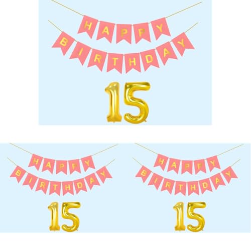 Image of 15th Happy Birthday Decoration Kit Light Pink for 15 year Old Boys Girls Teenage with Number Fifteen Party Decorations Decor Celebration Items Item Set Combo Reusable Paper Banner
