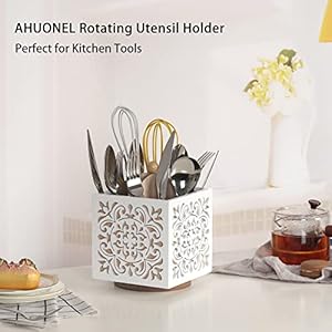 Rotating Utensil Holder for Kitchen Counter, Wood Utensil Organizer Silverware Organizer Rustic Cutlery Holder Utensil Crock, White Flatware Organizer Utensil Caddy for Forks, Spoons, Knives Rotating Utensil Holder for Kitchen Counter Wood Utensil Organizer Silverware Organizer Rustic Cutlery Holder Utensil Crock White Flatware Organizer Utensil Caddy for Forks Spoons Knives