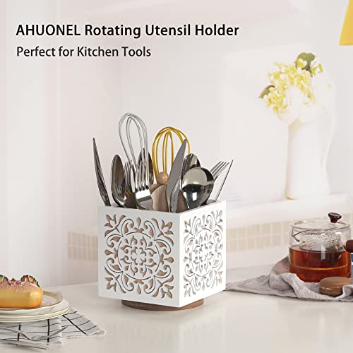 Rotating-Utensil-Holder-for-Kitchen-Counter-Wood-Utensil-Organizer-Silverware-Organizer-Rustic-Cutlery-Holder-Utensil-Crock-White-Flatware-Organizer-Utensil-Caddy-for-Forks-Spoons-Knives Rotating Utensil Holder for Kitchen Counter Wood Utensil Organizer Silverware Organizer Rustic Cutlery Holder Utensil Crock White Flatware Organizer Utensil Caddy for Forks Spoons Knives
