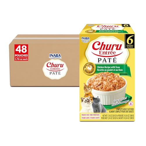 Image of INABA Churu Entree Pate for Cats, High Protein & Moisture, Prebiotic Wet Cat Food, 1.76oz. per Serving, 48 Pouches, Chicken with Tuna Recipe