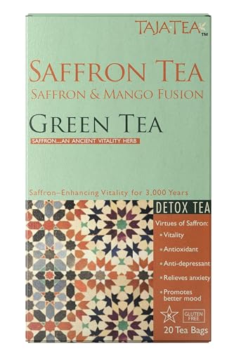 Taja Saffron Tea - Saffron & Mango Fusion Green Tea, Mood Boosting, Detox, Revive and Refresh Blend, Caffeinated | Gluten Free | Kosher, 20 Tea Bags