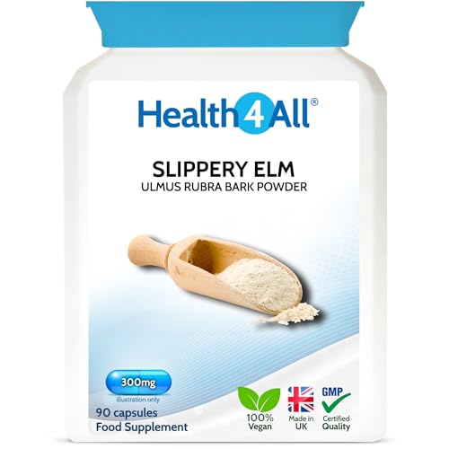 Image of Health4All Slippery Elm 300mg 90 Capsules, Digestive Health & Acid Reflux Support. Vegan Digestive Support Supplement, Ulmus Rubra Inner Bark Powder, Stomach Soothe, Gluten Free | Made in UK