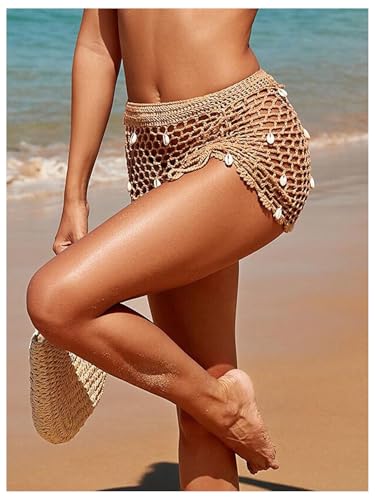 WDIRARA Women's Hollow Out Crochet Beach Cover Up Skirt Drawstring Front Coverups4