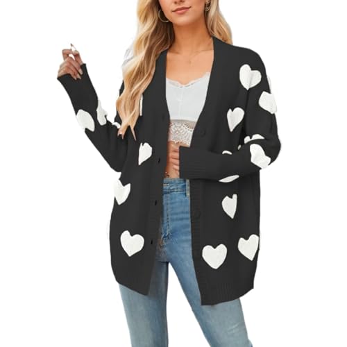 Image of Women Love Heart Graphic Oversized Sweaters Valentine Cute Cardigan Open Front Button Kawaii Preppy Aesthetic Clothes