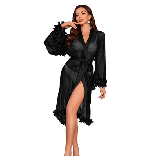 OYOANGLE Women's Sheer Mesh Appliques Trumpet Floral Sleeve Belted Sleep Robe Bridal Wedding Lingerie Black M