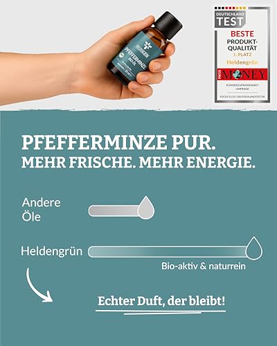 Heldengrün® BIO Pfefferminzöl [100% NATURREIN] - Reines Pfefferminzöl zum Verzehr - Frisch, belebend & klar - Minzöl aus Griechenland - Peppermint Oil