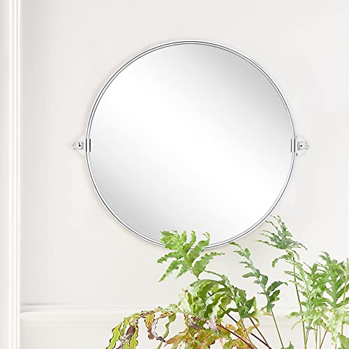 Image of Round Pivot Bathroom Mirror Chrome Circle Metal Framed Tilting Vanity Mirrors for Wall, Overall 27.98 x 24 inches (Mirrror 24 x 24 inches)