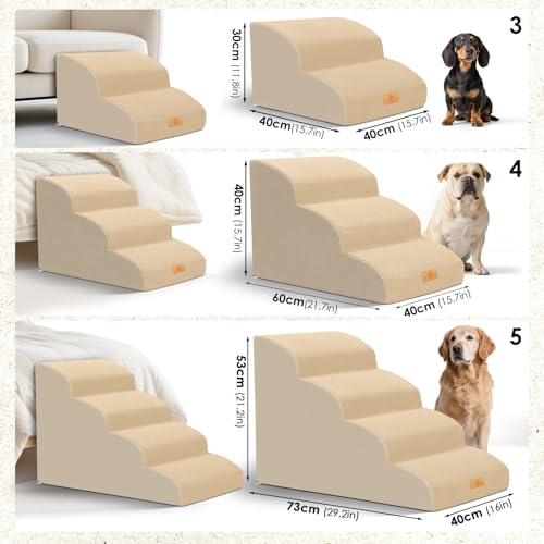Thihome Hundetreppe 3 Stufen, Rutschfestem Hunderampe, Tragbar Haustiertreppe mit Abnehmbarem & Waschbarem Bezug, Hochdichtem Schwamm Hunde Treppe Katzentreppe für Bett und Sofa, 60x40x40cm