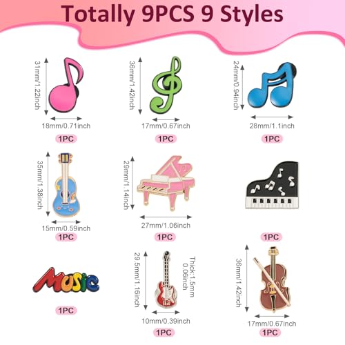 Image of 9Pcs Music Theme Enamel Pins, Musical Instrument Alloy Brooches, Colorful Guitar Piano Violin Word Musical Note Brooch Badges for Music Lovers Backpack Bags Hats Clothes Decor Supplies