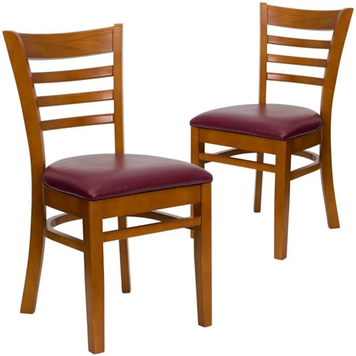 Image of Flash Furniture 2 Pack HERCULES Series Ladder Back Cherry Wood Restaurant Chair - Burgundy Vinyl Seat
