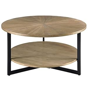 MODERION Round Solid Wood Coffee Table with 2-Tier Storage Shelf, Tea Table End Table Sofa Table with Metal Legs, Robust Steel Frame, for Living Room,85 x 85 x 45.5 cm (Light Brown)