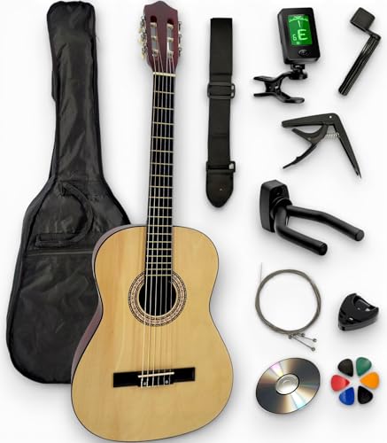 Ambre - Pack Guitare Classique Enfant 3/4 (8-12 ans) Gaucher + 10 Accessoires + CD & Cours Vidéo – Cordes Nylon – Prime 24h (Naturel, 3/4, Gaucher)