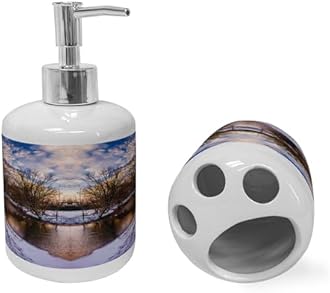 Ambesonne Landscape Soap Dispenser & Toothbrush Holder Set, Snowy Winter Park Trees Heart Shape Lake River Sunset View Symmetrical Art, Ceramic Bathroom Toiletry Accessories, 2 Pcs, Brown and White