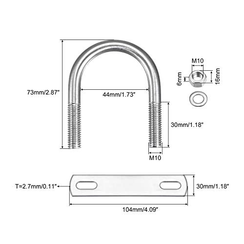 Image of uxcell Round U-Bolts, 44mm(1.73 inch) Inner Width 73mm Length M10 304 Stainless Steel U Clamp Bolt with Nuts Washers and Plates, for Boat Trailer