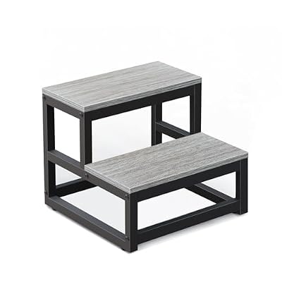 LIANTRAL Step Stools for Adults Kids, 2 Step Stool, Heavy Duty Steel & Sturdy Wooden Step Stool Helper, Supports Up to 500lb, Foot Stool for High Bed Kitchen Bathroom - Grey